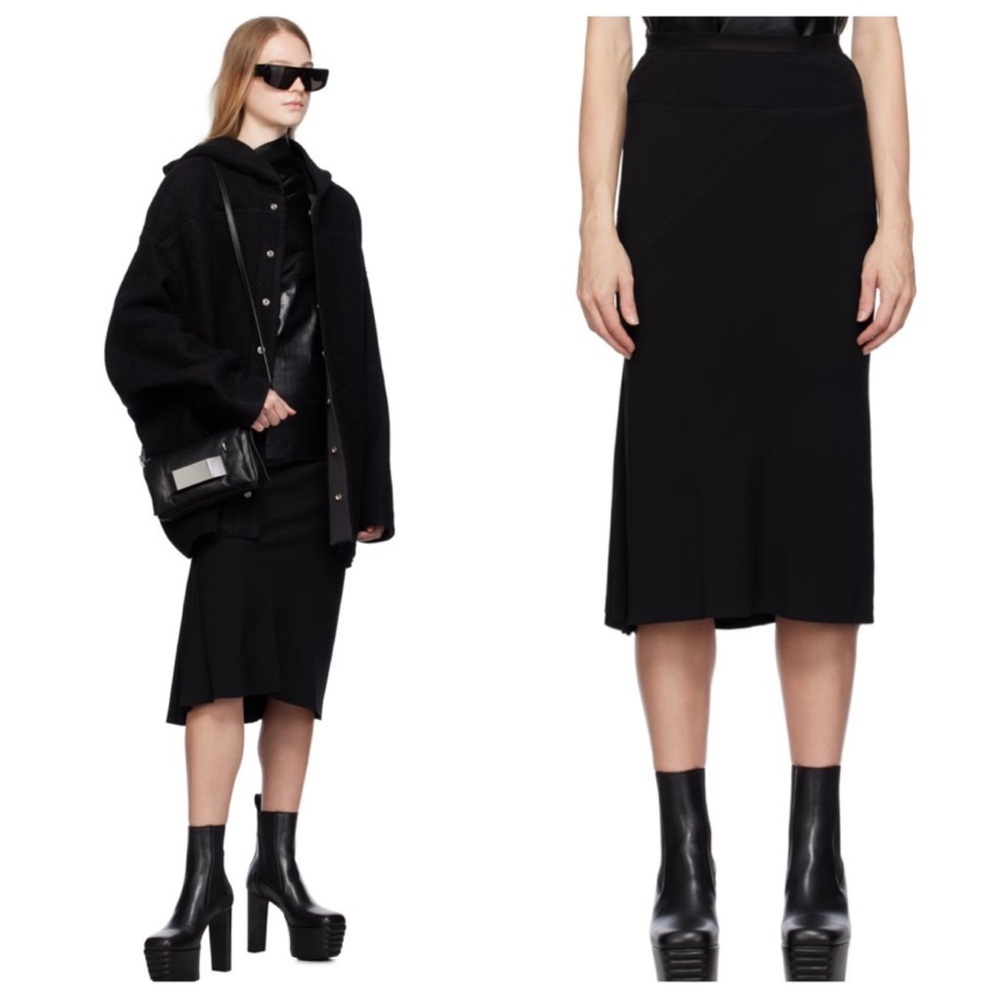 Rick Owens Knee Bias Length Classic Black Midi Skirt